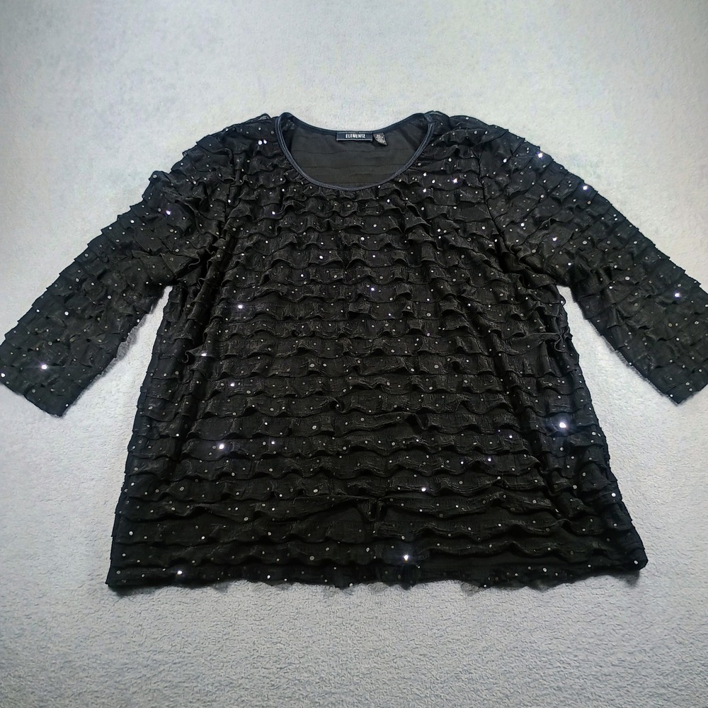 Elementz Womens XL Sequin Tiered Ruffle Blouse Black XL 3/4 Sleeve Top